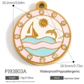 Round nautical enamel dolphin pendant in gold stainless steel with cubic zirconia - Stainless Steel Gold Nautical Dolphin Style (PJ93803A)