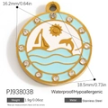 Golden stainless steel round ocean pendant with blue enamel sun and dolphin charm - Stainless Steel Blue Nautical Dolphin Style (PJ93803B)