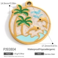 Golden stainless steel charm featuring palm trees and dolphins with white glitter inlay - Stainless Steel Tropical Dolphin Palm Style (PJ93804)