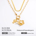 Collier double rang en acier inoxydable plaqué or 18k avec croix et perles de nacre - Ensemble Collier Double Rang Fleur Croix (XL31384+XL31282A)