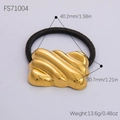 Polished gold floral metal hair tie with wavy layered design and black elastic cord - Gold Wavy Texture Style (FS71004)