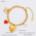 Goldenes Edelstahl-Armband mit Schmetterling, Herz-Medaillon und Perlenanhängern im Set - Panzerkette Schmetterling Herz Medaillon Perle Armband (SL41211) / 18K Vergoldet