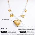 Halskette aus Edelstahl in Gold mit Perlen, Herz-Medaillon und Sonnenanhängern - Geprägtes Herz-Medaillon Sonne Kirsche Perle Mix Halskette (XL31213) / 18K Vergoldet