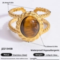 Bague ouverte vintage en acier inoxydable 18K avec œil de tigre ovale et torsade - Ouvert Réglable / Style oeil de tigre double couche (JZ21345B)