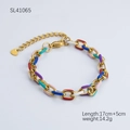 18k gold-plated stainless steel bracelet with colorful enamel chain links and lobster clasp - Stitched Enamel Gold Chain Bracelet (SL41065)