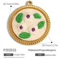 18K gold plated stainless steel round pendant with floral embroidery and gold beaded edge - White Three Flowers Purple Center Style (PJ93816)
