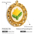 Oval stainless steel 18K gold pendant featuring vintage yellow flower embroidery - Oval Yellow Flower Style (PJ93817B)