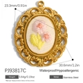Oval stainless steel floral embroidery pendant with 18K gold plated lace edge charm - Oval Two Red Flowers Style (PJ93817C)