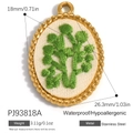 Oval gold-plated stainless steel herbal flower pendant with waterproof feature - Oval Green Herb Style (PJ93818A)