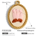Oval floral embroidery pendant in 18K gold plated stainless steel for DIY jewelry - Oval Pink Brown Flower Style (PJ93818B)