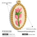 Oval stainless steel 18K gold pendant with embroidered pink floral pattern inlay - Oval Pink Green Flower Style (PJ93819B)