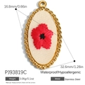 Oval gold-plated stainless steel floral pendant with red flower embroidery charm - Oval Red Five-Petal Flower Style (PJ93819C)