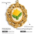 Oval stainless steel pendant with embroidered yellow flowers and 18K gold plating - Oval Yellow Flower Green Leaf Style (PJ93820A)