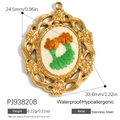 Oval 18K gold plated stainless steel pendant with embroidered orange flower and green leaf - Oval Orange Flower Green Leaf Style (PJ93820B)
