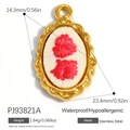 18K gold plated stainless steel oval pendant with white fabric and red floral embroidery - Oval Red Flower Style (PJ93821A)