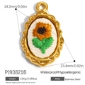 Oval stainless steel sunflower embroidery pendant with 18K gold plating finish - Oval Sunflower Style (PJ93821B)