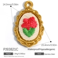 Oval 18K gold plated stainless steel pendant with embroidered red flower detail - Oval Red Flower Green Leaf Style (PJ93821C)