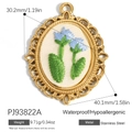 Oval 18K gold plated stainless steel pendant with blue flower embroidery detail - Oval Blue Flower Green Leaf Style (PJ93822A)