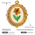 18K gold plated stainless steel oval pendant with yellow embroidered flower detail - Oval Yellow Flower Green Leaf Style (PJ93822C)