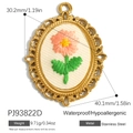 18K gold plated stainless steel oval pendant with pink flower embroidery detail - Oval Pink Flower Yellow Stamen Style (PJ93822D)