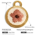 Golden stainless steel oval pendant with pink floral embroidery and 24.5mm diameter - Round Pink Five-Petal Flower Style (PJ93823A)