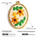 Oval stainless steel pendant with embroidered sunflowers and 18K gold plated frame - Oval Sunflower Green Leaf Style (PJ93824B)