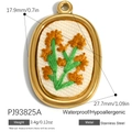 Oval 18K gold plated stainless steel pendant featuring yellow floral embroidery inlay - Oval Yellow Flower Style (PJ93825A)