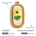 Oval stainless steel pendant with sunflower embroidery and 18K gold-plated beaded frame - Oval Sunflower Style (PJ93827)