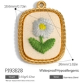 Oval 18K gold plated stainless steel pendant with white daisy floral embroidery detail - Oval Small Daisy Style (PJ93828)