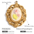 Oval 18K gold plated stainless steel pendant with pink flower embroidery details - Oval Pink Flower Embroidery Style (PJ93820C)