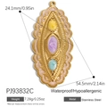 18K gold plated stainless steel oval pendant with pink enamel and colorful stones - Long Oval Colorful Gem Style (PJ93832C)