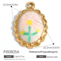 Retro 18K gold plated stainless steel flower pendant with white enamel and pink petals - Oval White Flower Style (PJ93835A)