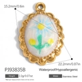 Oval 18K gold plated stainless steel pendant with blue daisy enamel and scalloped edges - Oval Blue Daisy Style (PJ93835B)