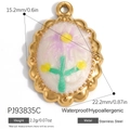 Gold plated stainless steel oval floral charm featuring a delicate purple flower pattern - Oval Pink Purple Pattern Style (PJ93835C)
