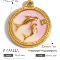 18K gold plated stainless steel heart pendant with pink dolphin enamel and crystal - Double Dolphin Pink White Style (PJ93844A)