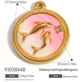 Pink enamel stainless steel pendant with gold koi fish design and zircon stone - Double Dolphin Pink Gradient Style (PJ93844B)