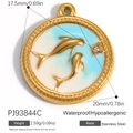 Golden stainless steel round pendant featuring blue enamel dolphins and small crystal - Double Dolphin Blue White Gradient Style (PJ93844C)