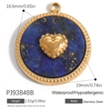 Blue lapis lazuli round pendant with golden heart relief in 18K gold plated steel - Roped Round Blue Pattern Heart Style (PJ93848B)