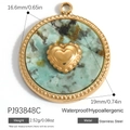 18K gold plated stainless steel round pendant with turquoise texture and gold heart - Roped Round Green Pattern Heart Style (PJ93848C)