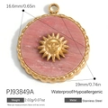 Golden stainless steel sun face charm with pink stone inlay for DIY jewelry making - Scalloped Round Pink Sun Style (PJ93849A)