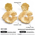 Pendientes grandes de acero inoxidable dorado con forma de concha y perla blanca - Forma de Flor y Concha (EH11480) / Chapado en oro 18K