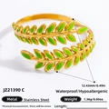Verstelbare 18K vergulde roestvrijstalen ring met groene geëmailleerde bladeren - Verstelbaar Open / Groen Blad Stijl (JZ21390C)