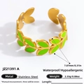 18K goudvergulde roestvrijstalen open ring met groene emaille bladmotieven - Verstelbaar Open / Enkele Rij Groen Blad Stijl (JZ21391A)