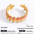 18K gold-plated stainless steel leaf open ring with pink and purple enamel inlay - Adjustable Open / Pink Purple Leaf Style (JZ21392A)