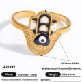 Gold Hamsa Hand open ring with Evil Eye in stainless steel, waterproof and hypoallergenic - Adjustable Open / Hamsa Hand Style (JZ21397)