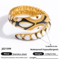 Bague serpent en acier inoxydable doré 18k avec détails en émail noir et blanc - Ouvert Réglable / Style Enveloppement de Serpent (JZ21399)