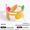 18K gold plated stainless steel open leaf ring with colorful enamel inlay details - Adjustable Open / Multicolor Bead Olive Branch Style (JZ21037)