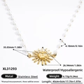 Stainless steel pearl necklace featuring a golden sun flower pendant with 45cm chain - Sun Face Pendant Pearl Necklace (XL31293)