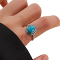 Vintage silver open ring with oval turquoise stone and ethnic carvings for women - Vintage Turquoise Ring