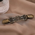 Vintage bronze flower cardigan clip with white rhinestones on silk fabric - Bronze F1419